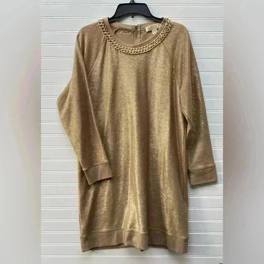Micheal Kors Gold Chain Gold Shimmer Sweater Long sleeve Midi  Dress Size Large
